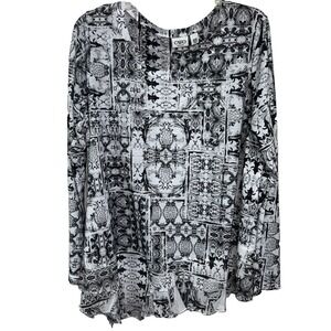 CATO WOMAN Sparkled Stud Top Size 18/20W Long Sleeve Ruffle Hem Black White  A11